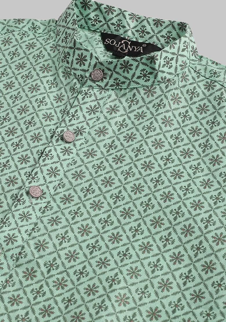 Sea Green Printed Cotton Kurta For Men