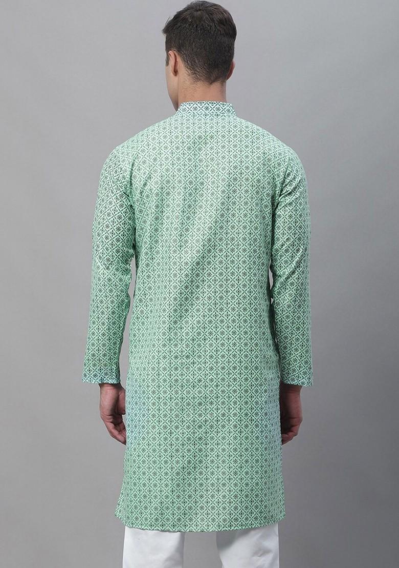 Sea Green Printed Cotton Kurta For Men