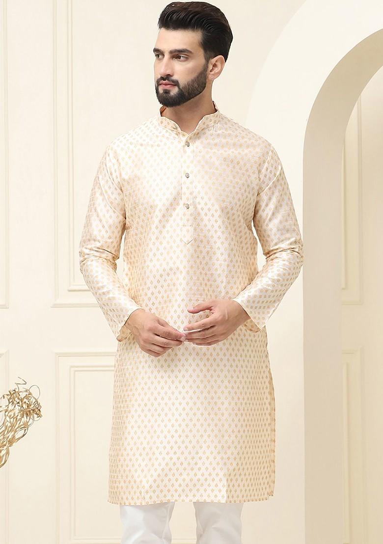 Cream Ethnic Motifs Poly Blend Kurta For Men