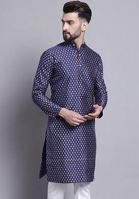 Navy Blue Ethnic Motifs Poly Blend Kurta For Men