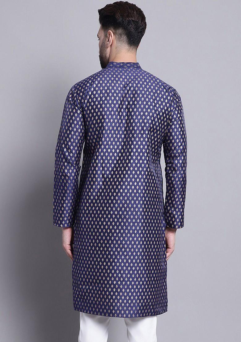 Navy Blue Ethnic Motifs Poly Blend Kurta For Men