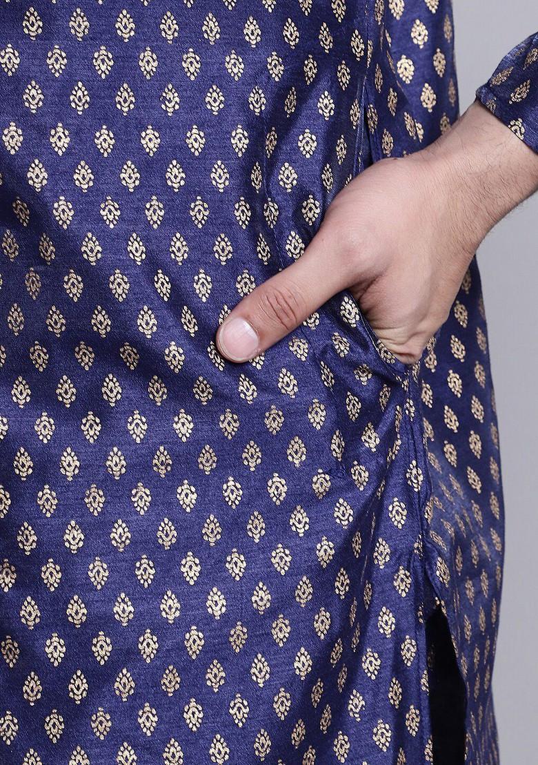 Navy Blue Ethnic Motifs Poly Blend Kurta For Men