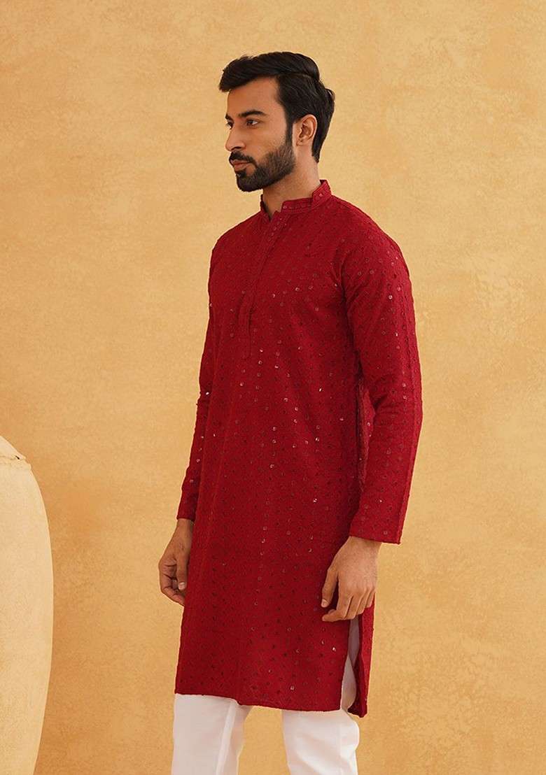 Maroon Embroidered Cotton Kurta For Men - Indya