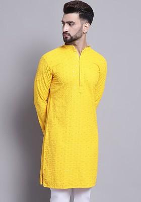 Mustard Embroidered Cotton Kurta For Men