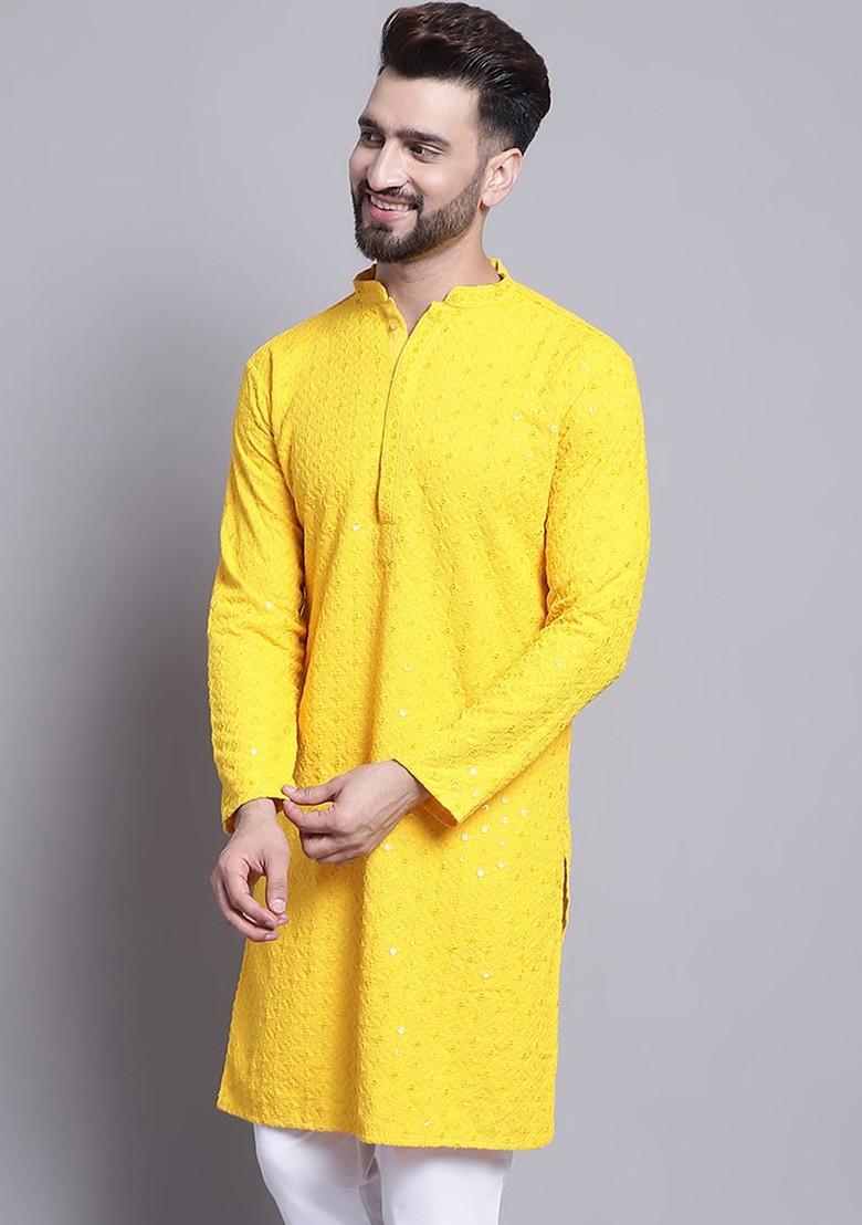 Mustard Embroidered Cotton Kurta For Men