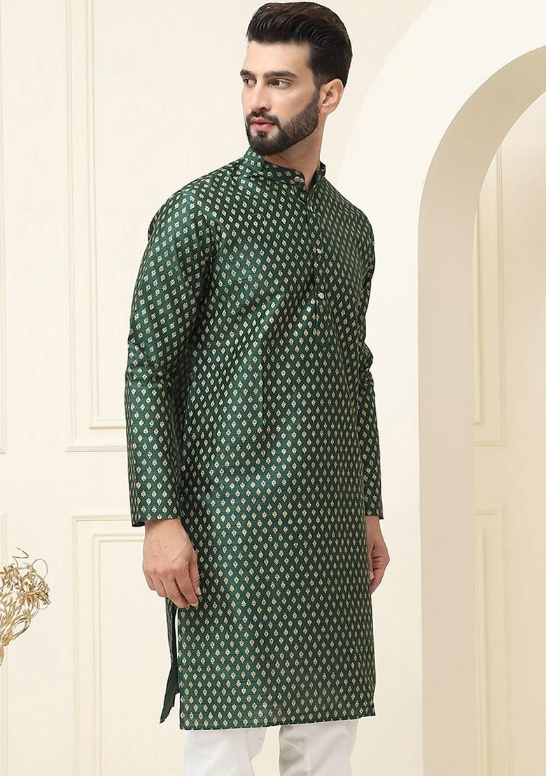 Green Woven Cotton Kurta For Men