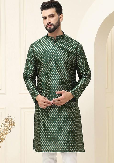 Green Woven Cotton Kurta For Men