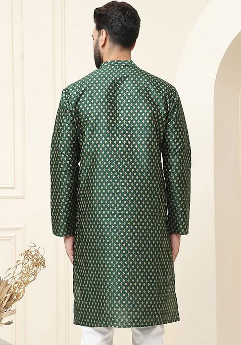 Green Woven Cotton Kurta For Men