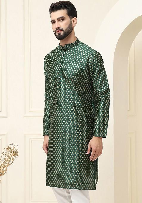 Green Woven Cotton Kurta For Men