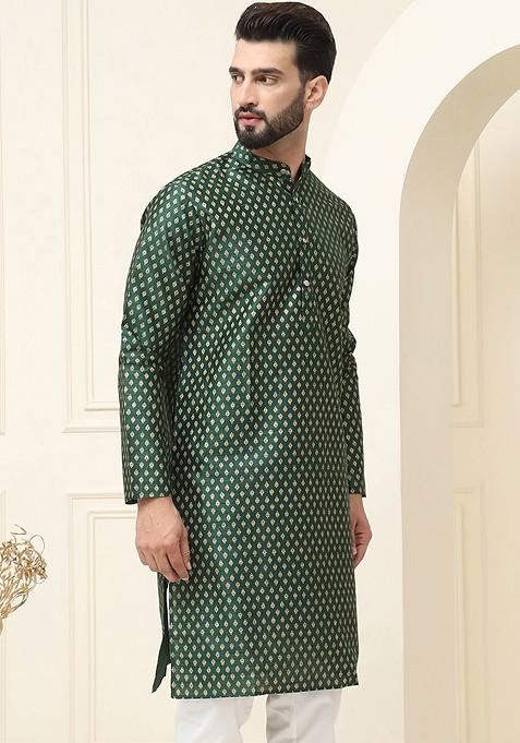 Green Woven Cotton Kurta For Men