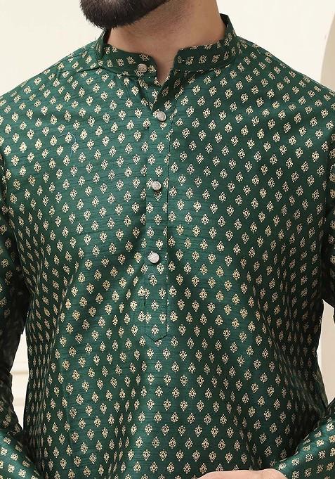 Green Woven Cotton Kurta For Men