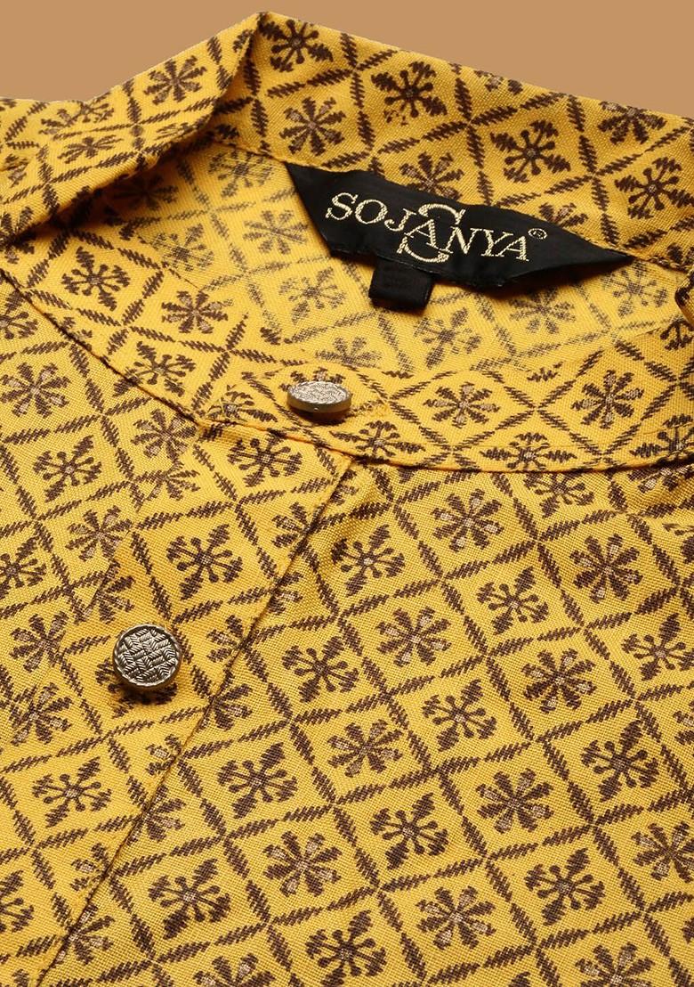Mustard Ethnic Motifs Cotton Kurta For Men
