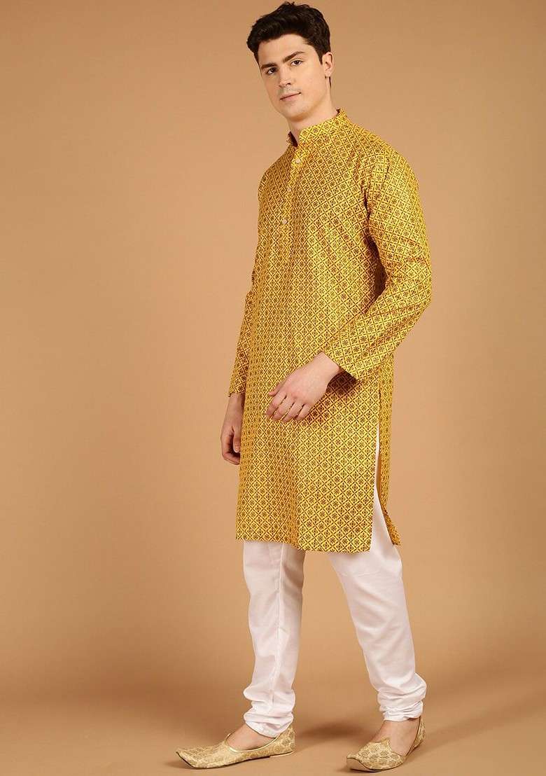 Mustard Ethnic Motifs Cotton Kurta For Men - Indya