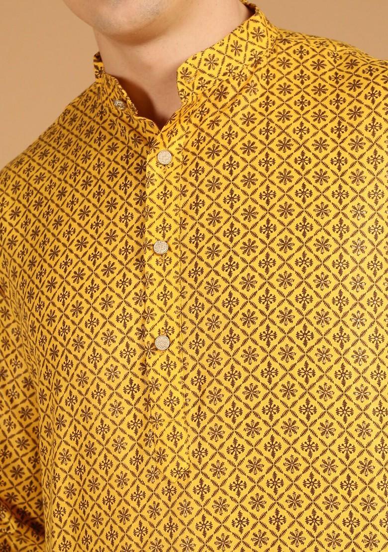 Mustard Ethnic Motifs Cotton Kurta For Men