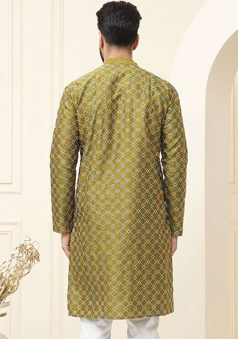 Olive Thread Work Cotton Kurta For Men - Indya