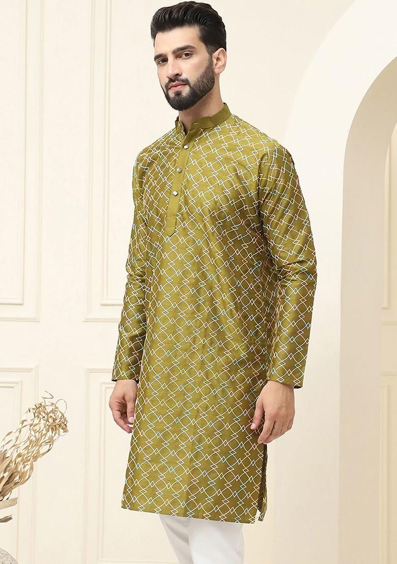 Olive Thread Work Cotton Kurta For Men