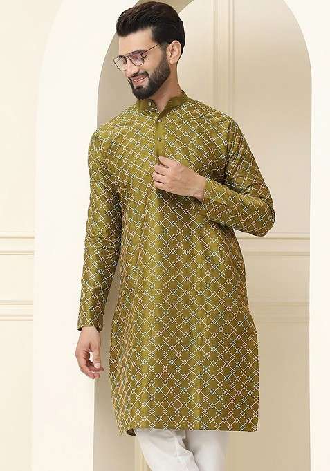 Olive Thread Work Cotton Kurta For Men