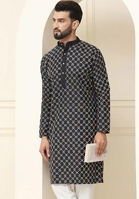 Black Thread Work Cotton Kurta For Men