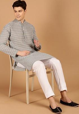 Grey Thread Work Cotton Kurta For Men