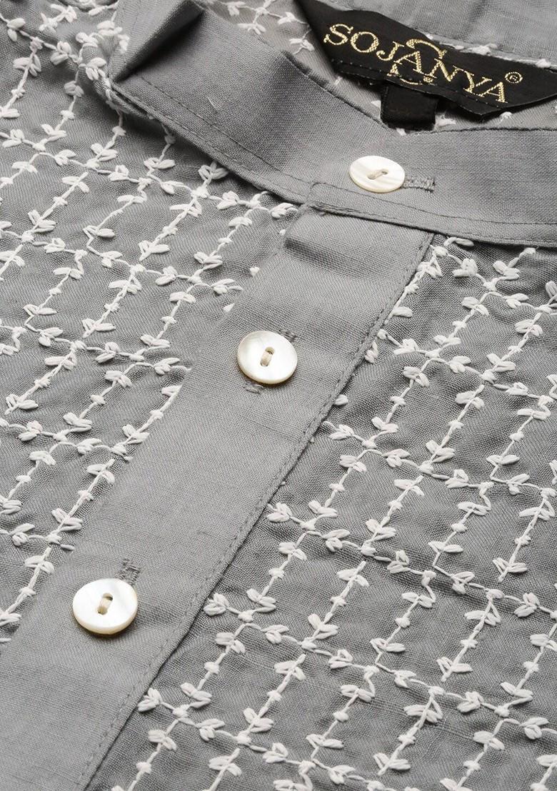 Grey Thread Work Cotton Kurta For Men