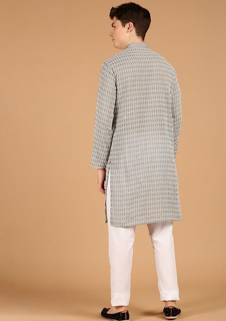 Grey Thread Work Cotton Kurta For Men
