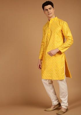 Mustard Thread Work Poly Blend Kurta For Men