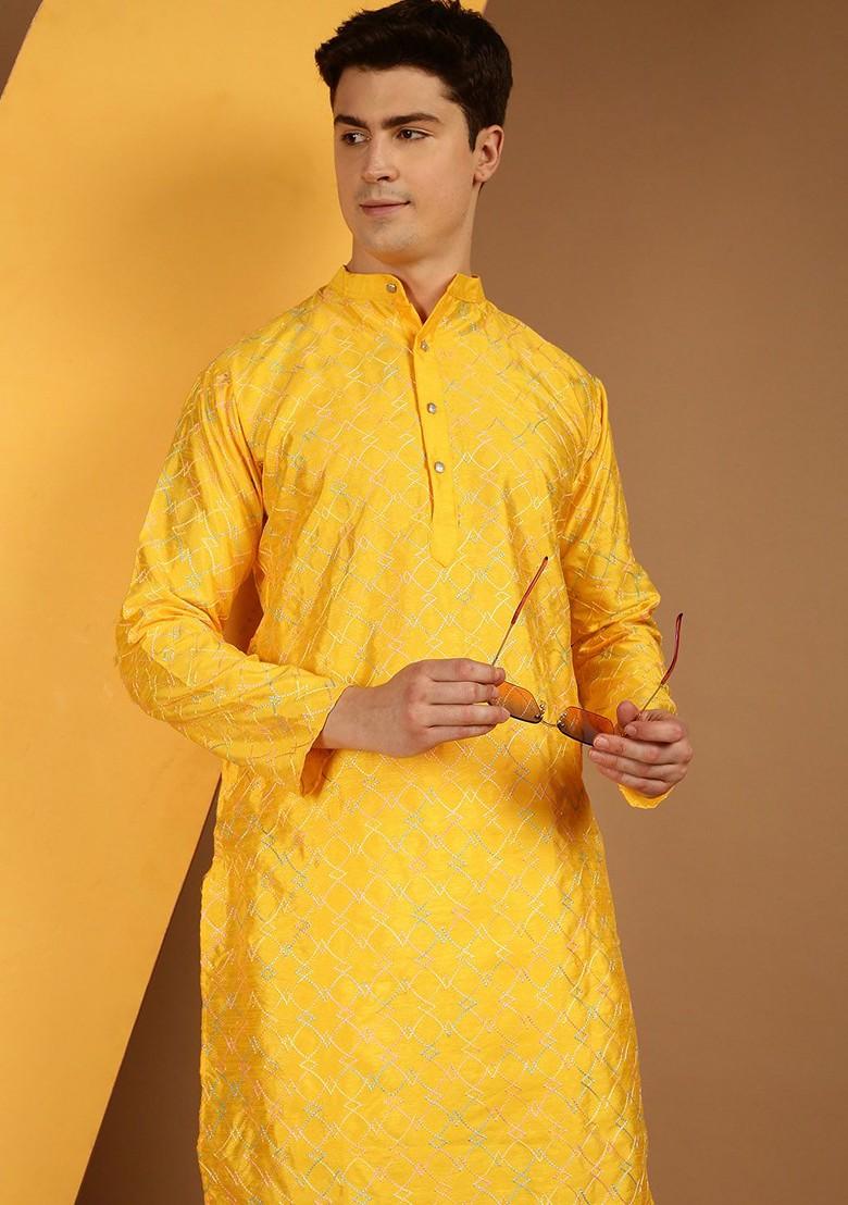 Mustard Thread Work Poly Blend Kurta For Men