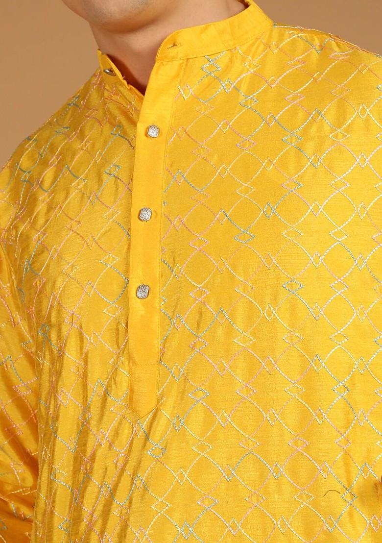 Mustard Thread Work Poly Blend Kurta For Men