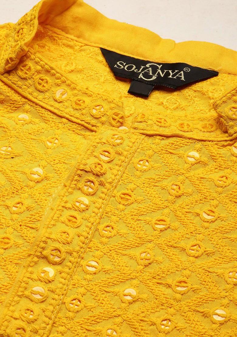 Mustard Thread Work Cotton Kurta For Men