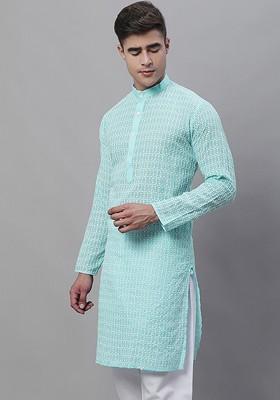 Blue Thread Work Cotton Kurta For Men