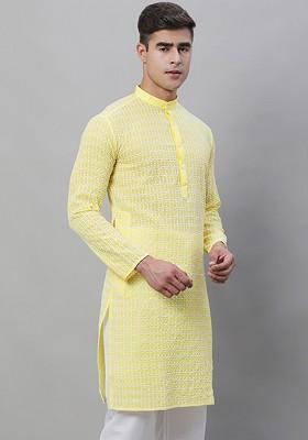 Yellow Embroidered Cotton Kurta For Men