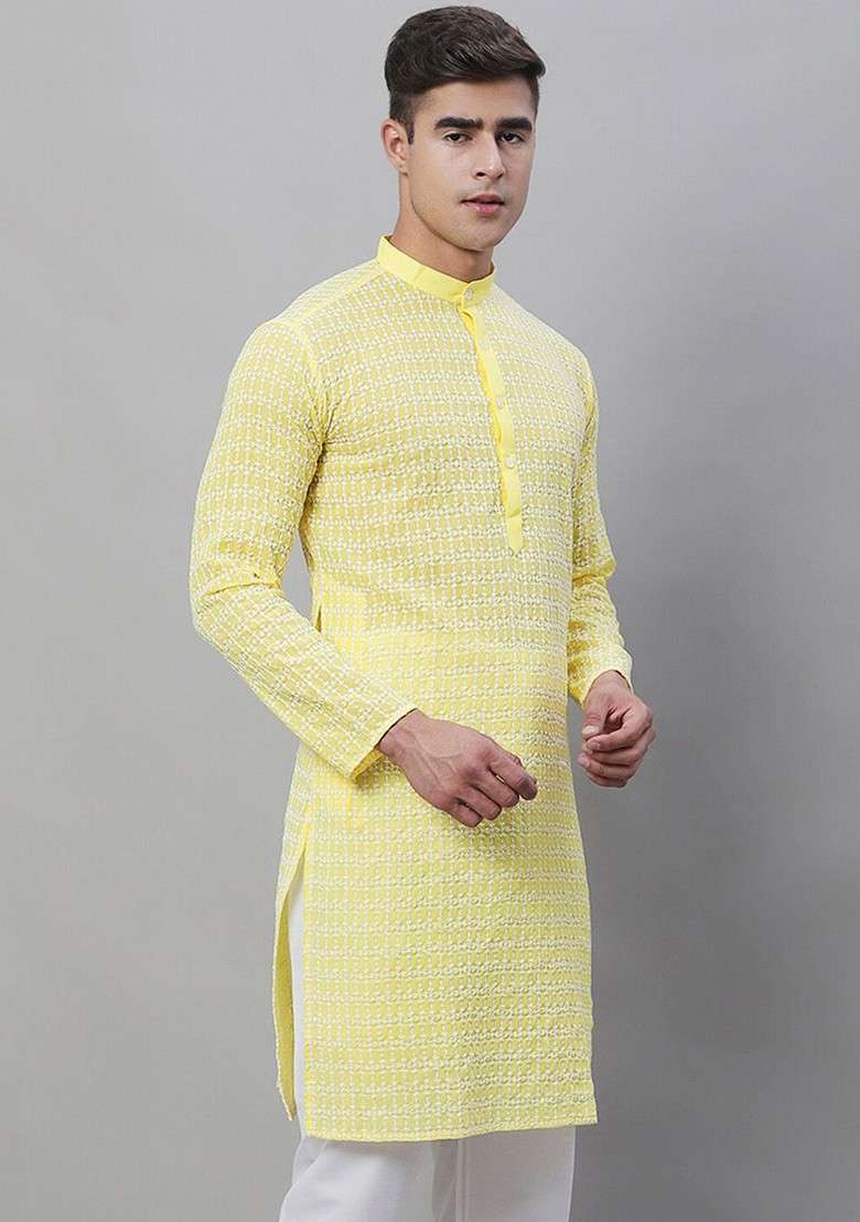 Yellow Embroidered Cotton Kurta For Men - Indya