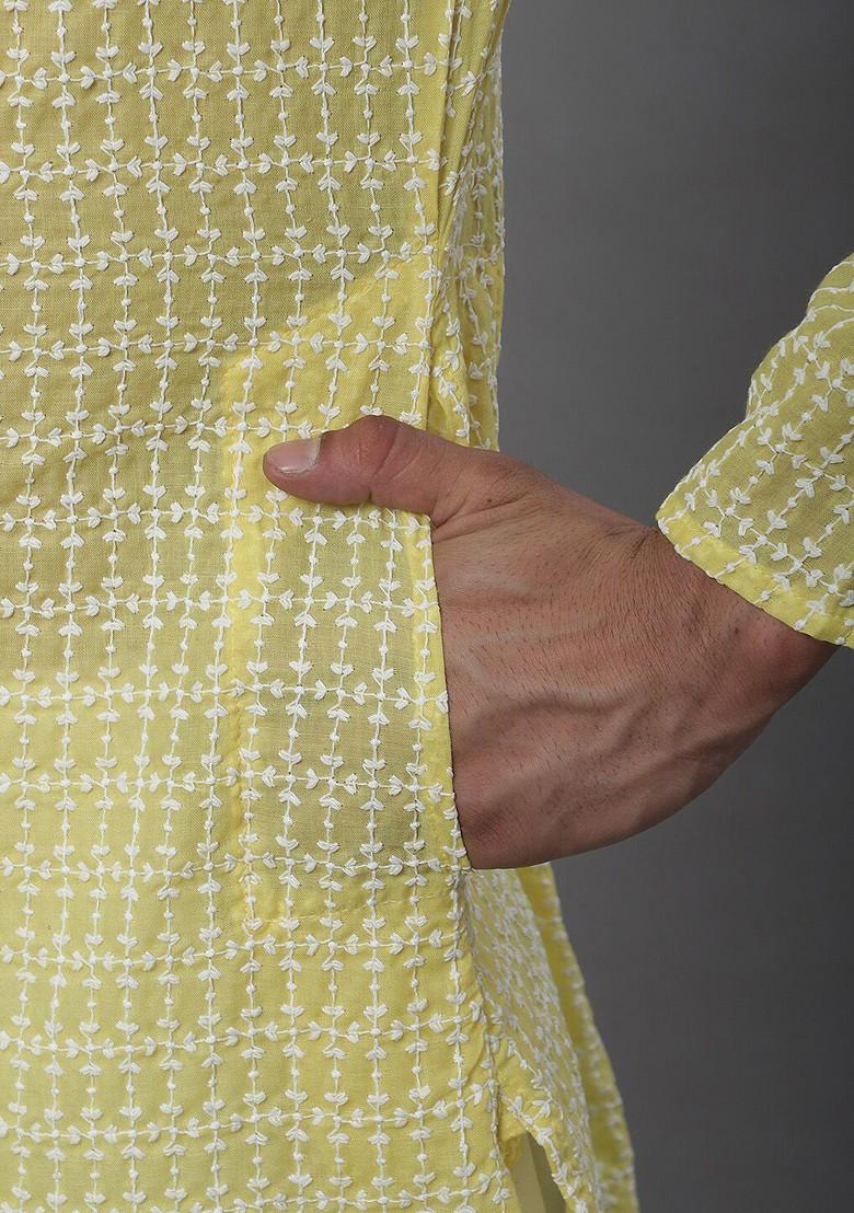Yellow Embroidered Cotton Kurta For Men