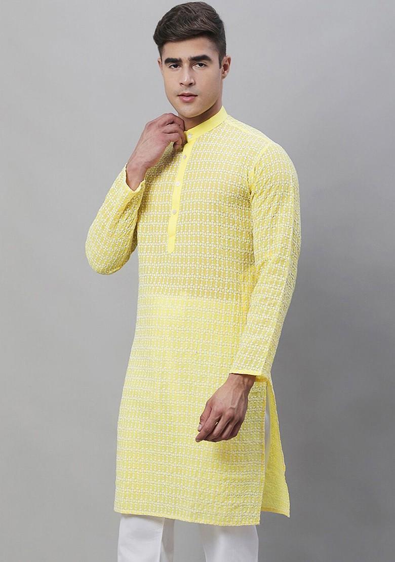 Yellow Embroidered Cotton Kurta For Men