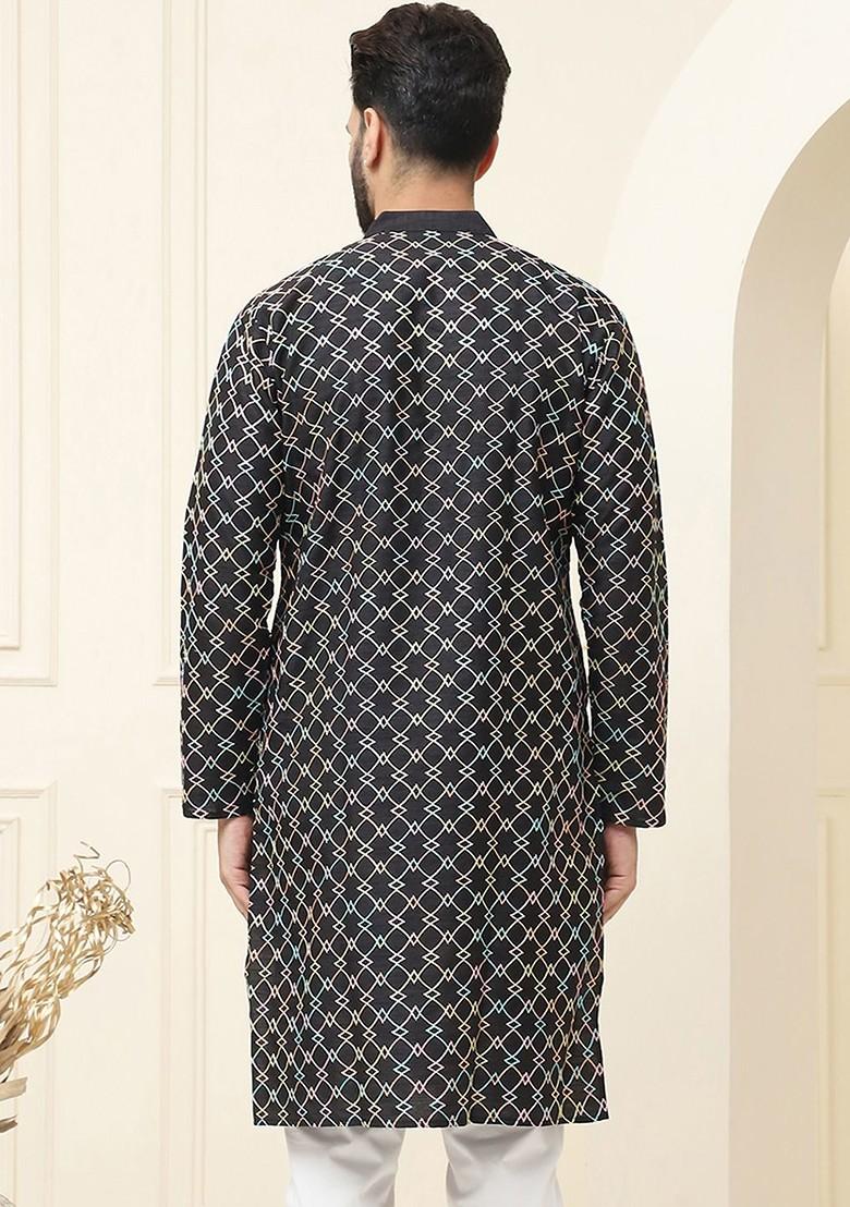 Black Printed Poly Blend Kurta For Men