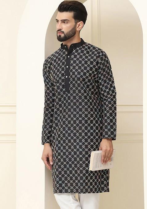 Black Printed Poly Blend Kurta For Men