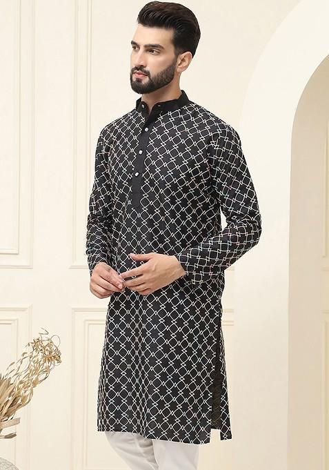 Black Printed Poly Blend Kurta For Men