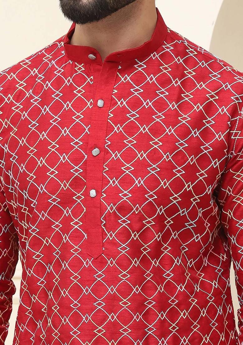 Maroon Embroidered Poly Blend Kurta For Men