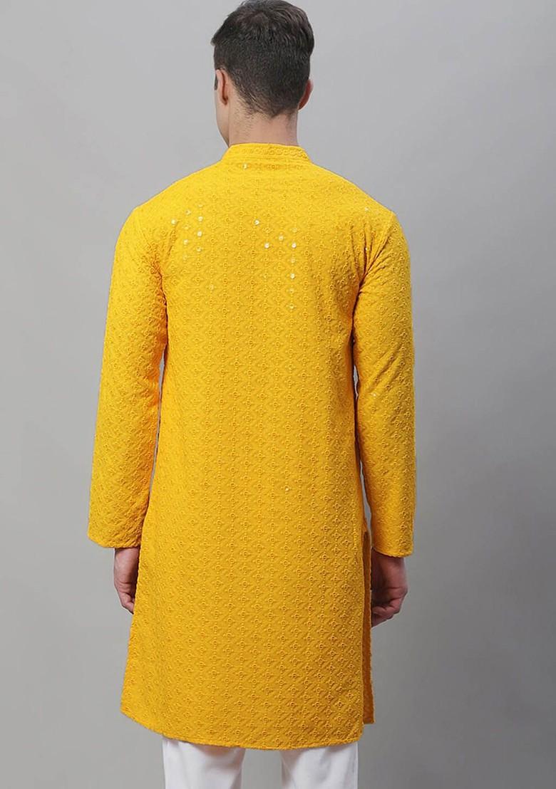 Mustard Embroidered Cotton Kurta For Men