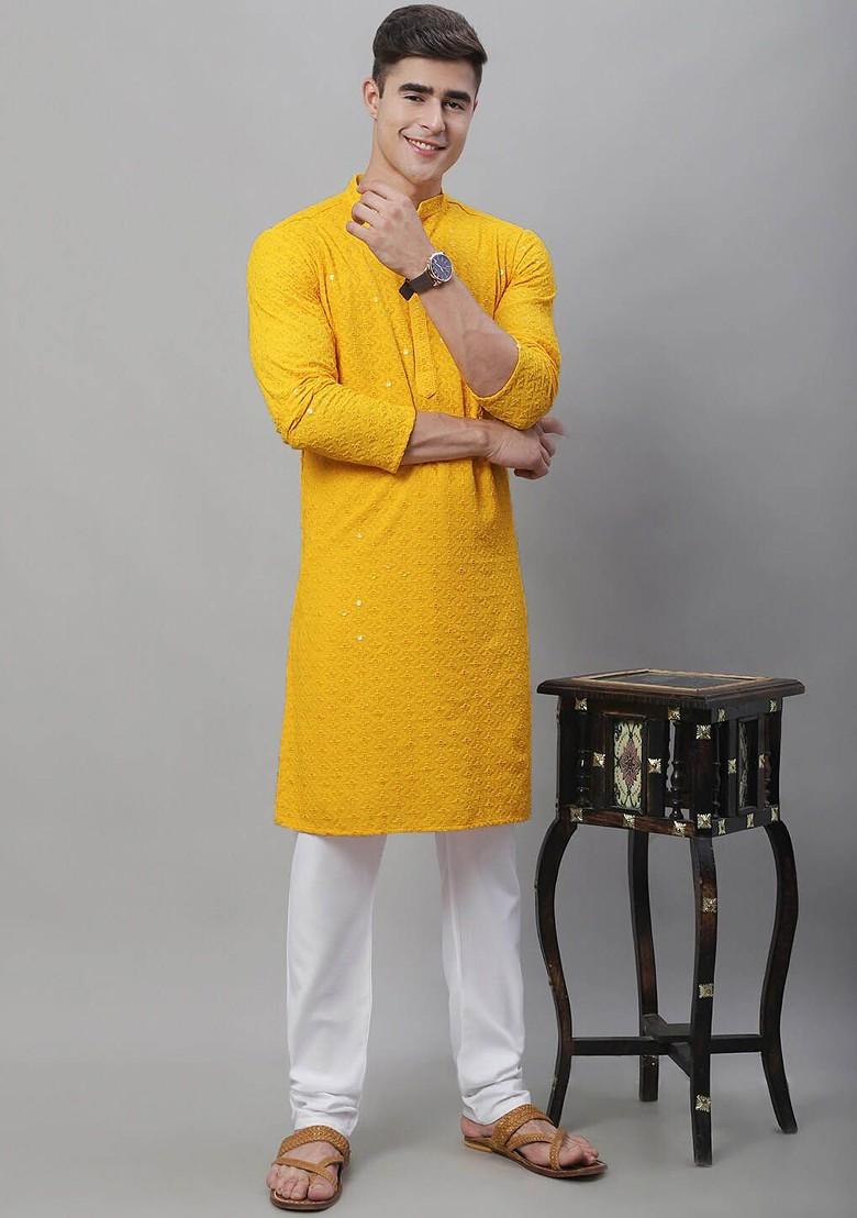 Mustard Embroidered Cotton Kurta For Men
