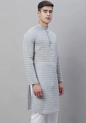 Grey Embroidered Cotton Kurta For Men