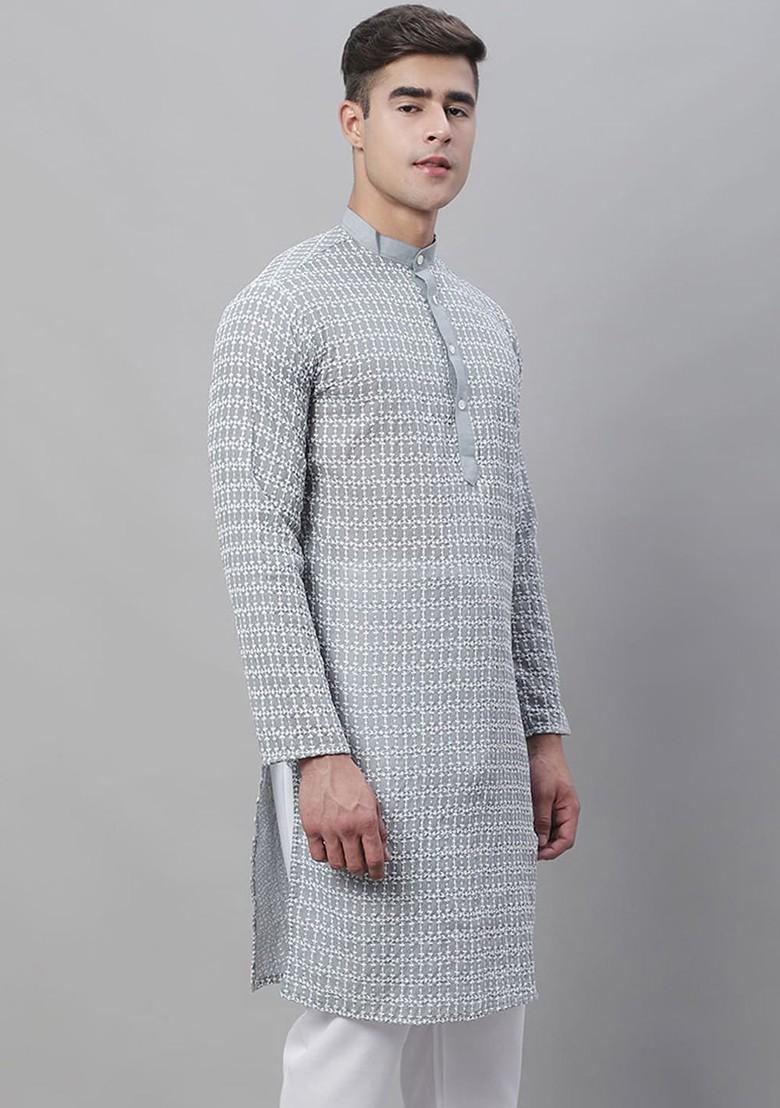 Grey Embroidered Cotton Kurta For Men