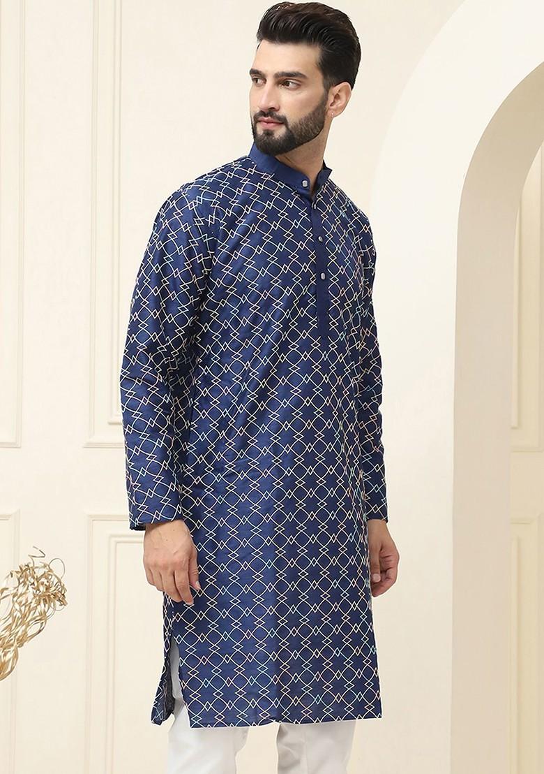 Navy Blue Embroidered Poly Blend Kurta For Men