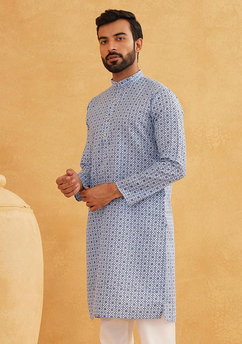 Blue Ethnic Motifs Poly Blend Kurta For Men