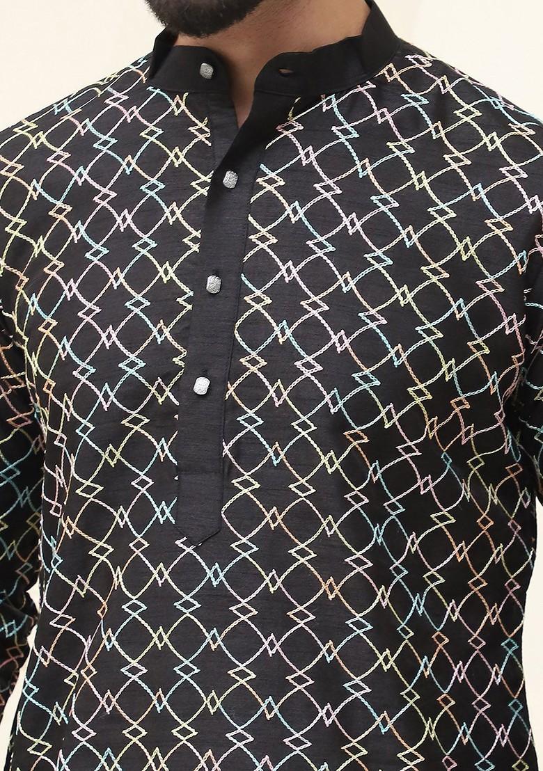 Black Embroidered Poly Blend Kurta For Men