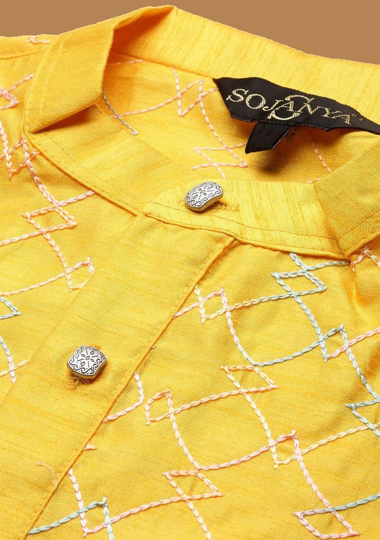 Mustard Embroidered Cotton Kurta For Men