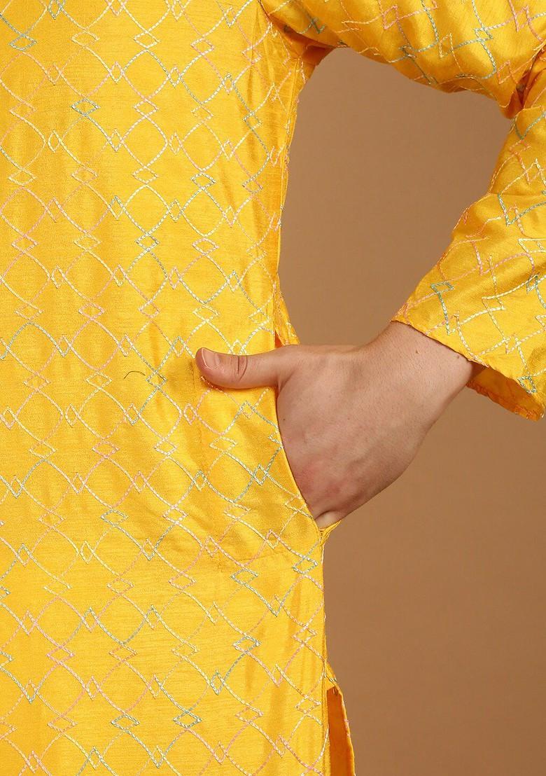 Mustard Embroidered Cotton Kurta For Men