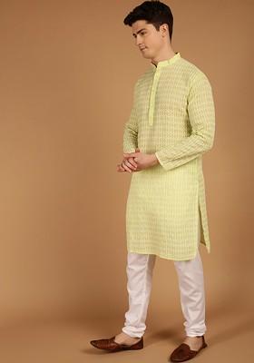 Green Embroidered Cotton Kurta For Men