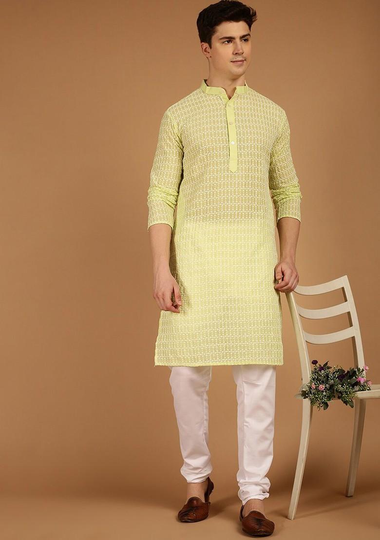 Green Embroidered Cotton Kurta For Men