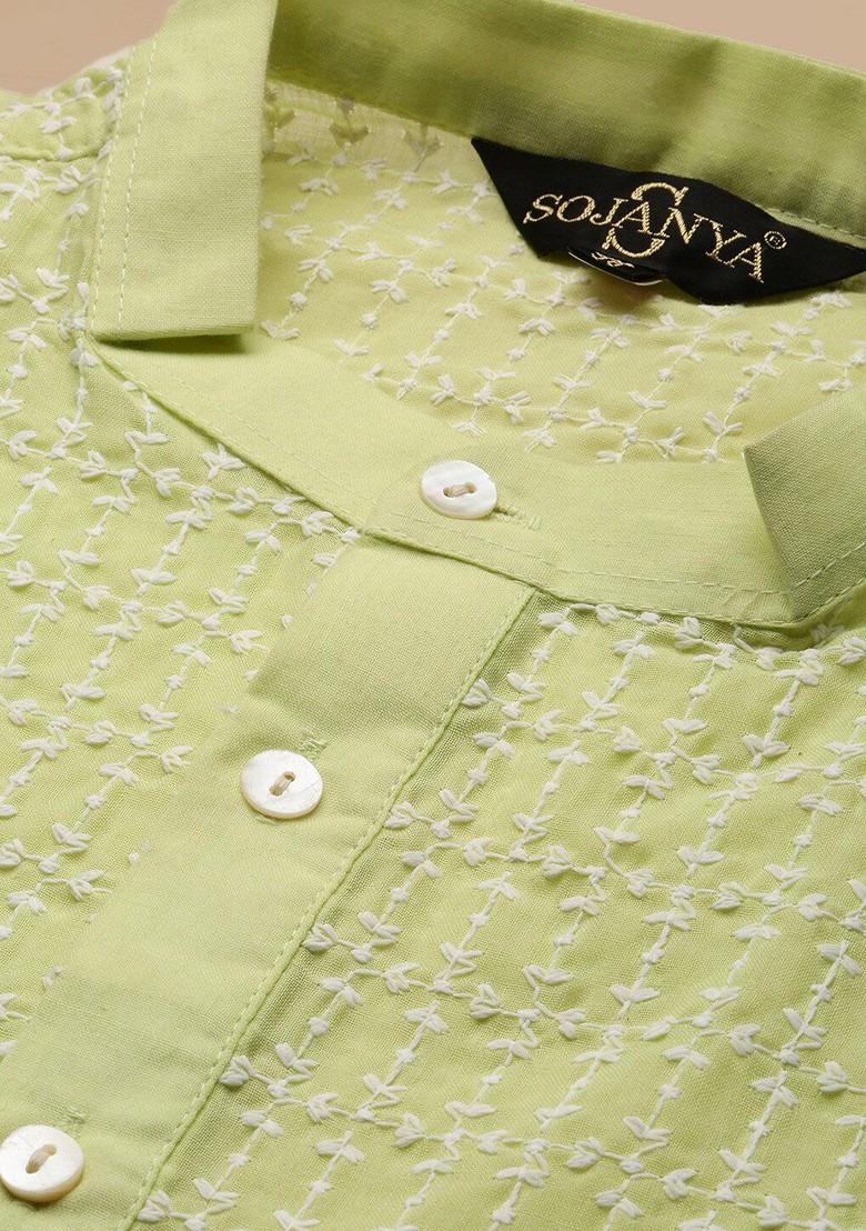 Green Embroidered Cotton Kurta For Men